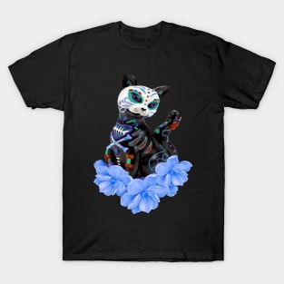 Day Of The Dead Sugar Skull Cat Blue Flowers T-Shirt